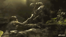 a group of people are standing next to each other in a dark room in a video game .