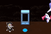 a pixel art drawing of a cartoon character standing next to a cell phone