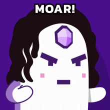 a cartoon character with a purple face and the word moar on top of it