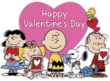 a happy valentine 's day greeting card with snoopy charlie brown and friends