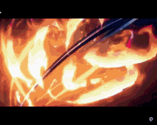 a drawing of a person holding a sword surrounded by fire