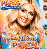 a box of paris hilton 's cereal with a blonde woman on it