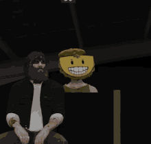 a man with a beard is sitting next to a woman with a hamburger on her head