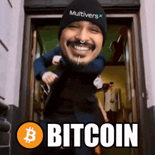 a man wearing a beanie that says multivers on it is jumping in a doorway