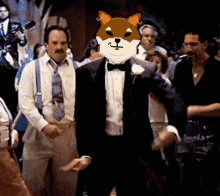 a man in a tuxedo with a dog face on his head