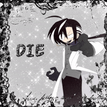 a black and white drawing of a man with the word die on it