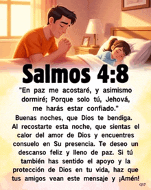 a picture of a man praying next to a sleeping child with the words salmos 4:8