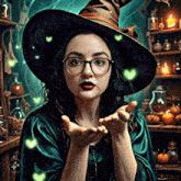 a woman in a witch costume blowing a kiss with hearts coming out of her hands
