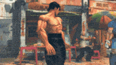 a man without a shirt is standing in front of a building with chinese characters on it