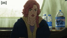 a cartoon of a woman standing next to a bottle of water that says ' xtra ' on it