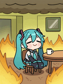 a cartoon drawing of a girl sitting at a table with a cup of coffee