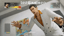 a man in a suit is standing in front of a screen that says lost quadrneo