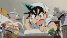 a cartoon character is reading a book while another character is cooking