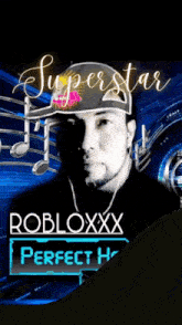 a poster for robloxxxx perfect has a man in a hat