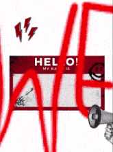 a person holding a megaphone next to a hello sign