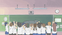 a group of people are standing in front of a blackboard with a clock on the wall that says 2:45