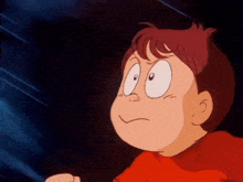 a cartoon of a boy with a red shirt and big eyes