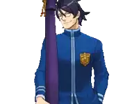 a pixel art of a man in a blue jacket holding a purple pole .
