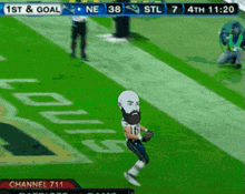 a cartoon of a football player with a beard is running on a field