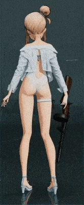 a woman in a white bodysuit is holding a rifle