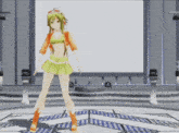 a girl in a yellow skirt is dancing in front of a white wall