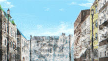 a blurred picture of a city street with a blue sky in the background