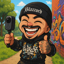 a cartoon drawing of a man wearing a beanie that says blazzard on it