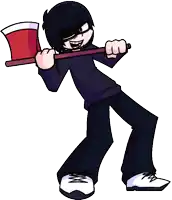 a cartoon character is holding a large axe over his shoulder .