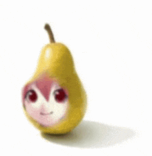 a pear with a girl 's face on it is on a white background .