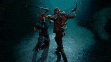 a man is holding a sword while another man holds another sword