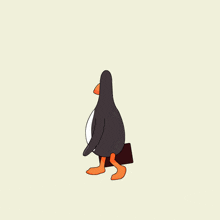 a penguin is carrying a brown briefcase in its hand