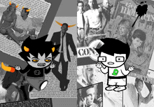 a cartoon character with a green e on his chest stands in front of a collage of pictures