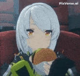 a girl with white hair is eating a hamburger with pixverse.ai written in the corner