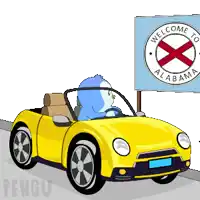 a cartoon of a penguin driving a yellow car with a welcome to alabama sign in the background