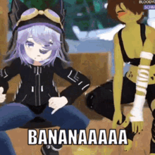 a girl with purple hair is giving a thumbs up next to a girl with yellow hair and the words bananaaaa on the bottom