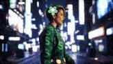 a woman is wearing a green jacket with the letter s on the sleeves