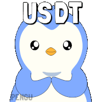 a penguin is holding a green coin with the letter t on it and the word usdt above it