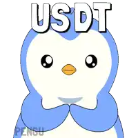 a penguin is holding a green coin with the letter t on it and the word usdt above it