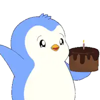 a penguin is holding a chocolate cake in its beak