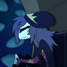 a cartoon character with blue hair and pink eyes