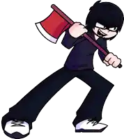 a cartoon character is holding a large red axe in his right hand .