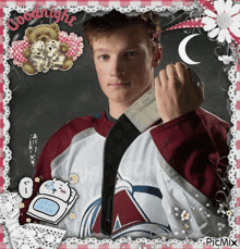 a picture of a hockey player with the words goodnight at the top