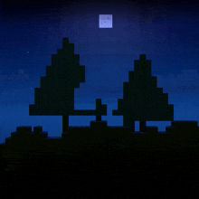 two trees are silhouetted against a blue sky with a full moon