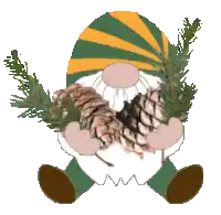 a gnome with a green and yellow hat is holding pine cones and branches