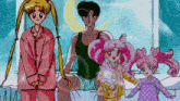 a group of cartoon characters are standing in front of a window