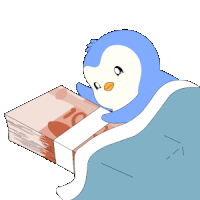 a penguin is laying in bed with a stack of 20 euro notes