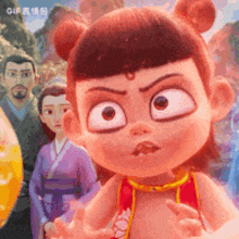 a close up of a cartoon character with an angry face .
