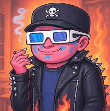 a cartoon character wearing 3d glasses and a hat with a skull and crossbones