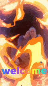 a picture of a man and woman surrounded by fire with the words welcome in blue