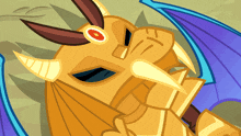 a cartoon drawing of a dragon with horns and a red eye